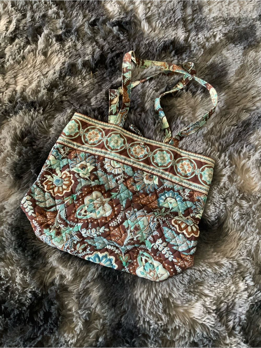 Vera Bradley Quilted Floral Tote in Brown and Aqua